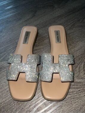 Steve Madden Nude Slide Sandals with Silver Crystal H-Bar